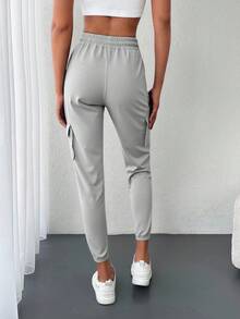 Cottnline Flap Pocket Side Drawstring Waist Joggers - Light Grey - View 2
