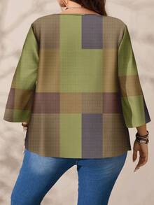 EMERY ROSE 大码女式休闲全身印花圆领宽松 3/4 袖衬衫，秋冬款 - 杏色 - 查看 5