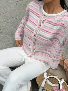 SHEIN Unity Fashionable Loose Colorful Striped Women's Drop Shoulder Long Sleeve Cardigan - Multicolor - View 4