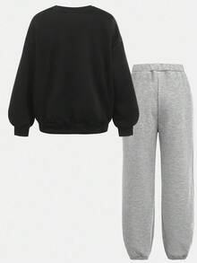 SHEIN 青少年男孩休闲宽松圆领运动衫套装 - 黑色 - 查看 2