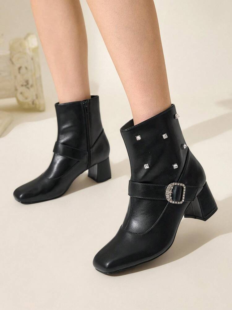CUCCOO CHICEST Women's Elegant Commuting Fashion Ankle Boots, Closed Toe, Square Heel, Rhinestone Embellished, Faux Leather, Suitable For Work, Date, Party, Halloween