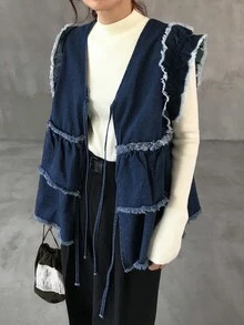 FRIFUL Jaket Denim Kasual Wanita Warna Polos dengan Detail Rumbai, Leher V, Tanpa Lengan, dan Hem Bergelombang - Biru - View 3