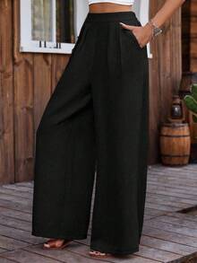 LanaWest Women's Solid Color High Waist Pleated Loose Straight Leg Casual Pants