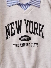 女孩休闲百搭二合一运动衫，蓝白条纹衬衫领、袖口和下摆，胸前有黑色字母印花图案，适合秋冬季外出、旅行、散步、上学、通勤，可搭配夹克、裤子、运动裤 - 灰色 - 查看 3