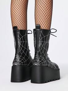 ROMWE Grunge Punk 2025 Automne/Hiver Nouveau Bottes courtes à bout rond style punk avec laçage, broderie toile d'araignée, semelle épaisse. Tige , bottes mi-mollet mode extérieur à enfiler