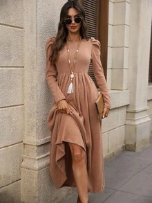 EMERY ROSE 秋季纯色休闲长袖收腰女式长裙 - 卡其色 - 查看 5