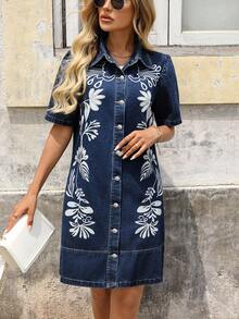 SHEIN Plus Size Casual Vacation Solid Color Embroidered Denim Dress - Dark Wash - View 6