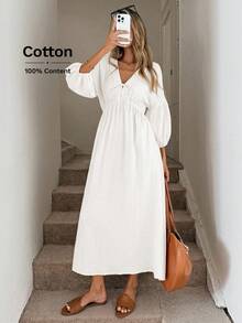 Easowa Đầm suông cổ chữ V, thắt nơ, tay áo đèn lồng, eo nhún, dáng chữ A, viền xòe, hai lớp, chất liệu vải crepe 100% cotton, dáng rộng, phong cách cổ điển, thường ngày dành cho nữ - trắng - Xem 3