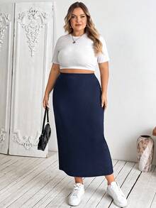 SHEIN CURVE+ 大码女式黑色针织弹力紧身及膝裙 - 藏蓝色 - 查看 3