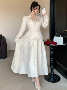 DAZY Women's Elegant Commuter Solid Color Textured Patchwork Long Dress - Beige - View 5