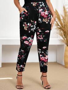 Miaspire 加大码女式花卉印花松紧腰侧袋九分裤，度假风格，简约时尚风格，适合夏季，休闲度假风格，休闲度假装，夏季时尚，女士夏季装，母亲节装，乡村音乐会装，女士波西米亚风装，女士西部装，女士假日装，女士夏季服装女士加大服装商务休闲女士夏季服装女士加大服装正式