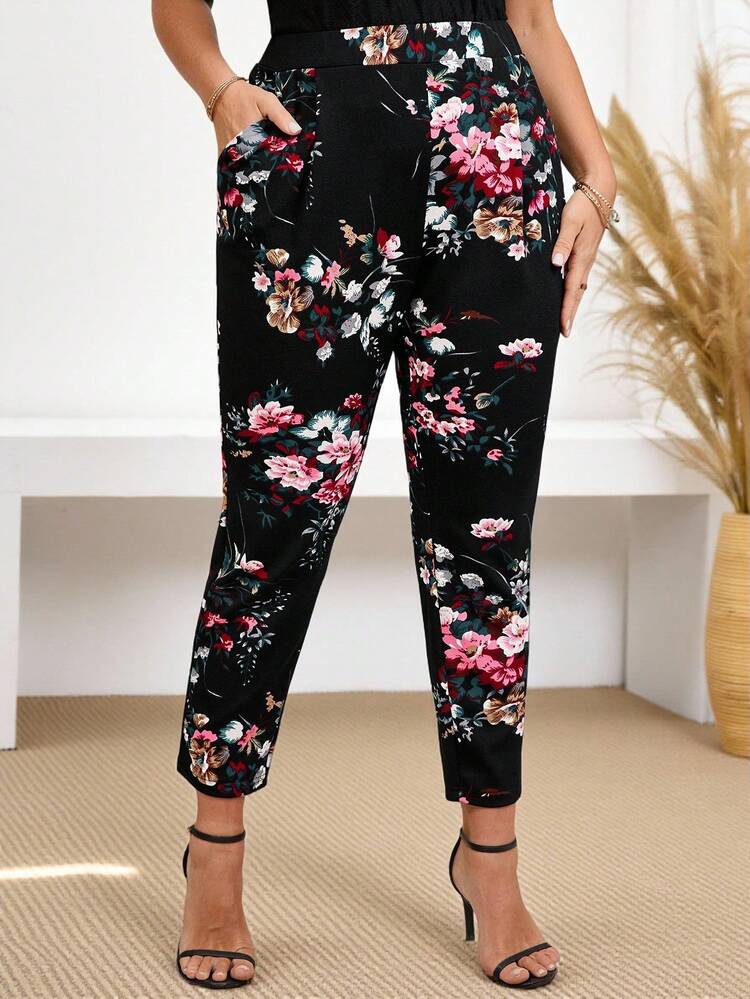 Plus Size Women Floral Print Elastic Waist Side Pocket Ankle Pants, Vacation Style, Simple And Fashion Style, Suitable For Summer,Casual Holiday Style, Casual Holiday Outfits, Summer Fashion, Women's Summer Outfits, Mother's Day Outfits, Country Concert Outfits, Women's Boho Outfits, Women's Western Outfits, Women's Holiday Outfits, Women Summer Clothing Women Plus Clothing Business Casual Woman S Summer Clothes Women Plus Clothing Formal
