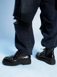 Sugerpunk Botas de tacón grueso con puntera redonda y diseño de hebilla con ojal metálico, estilo gótico para mujer, de piel sintética (PU), color negro, adecuadas para fiestas, uso diario y estilo casual chic - Negro - Ver 5