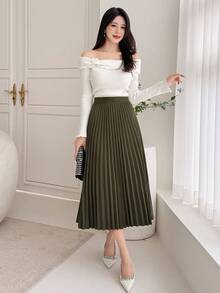 DAZY Damen eleganter plissierter A-Linien Rock, Herbst Winter Damen Röcke - Armeegrün - Übersicht 4