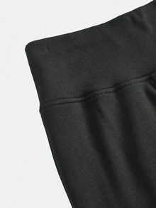 SHEIN Girlism 少女黑色纯色基本款百搭纯色松紧腰罗纹保暖内衬打底裤，秋冬 - 黑色 - 查看 3