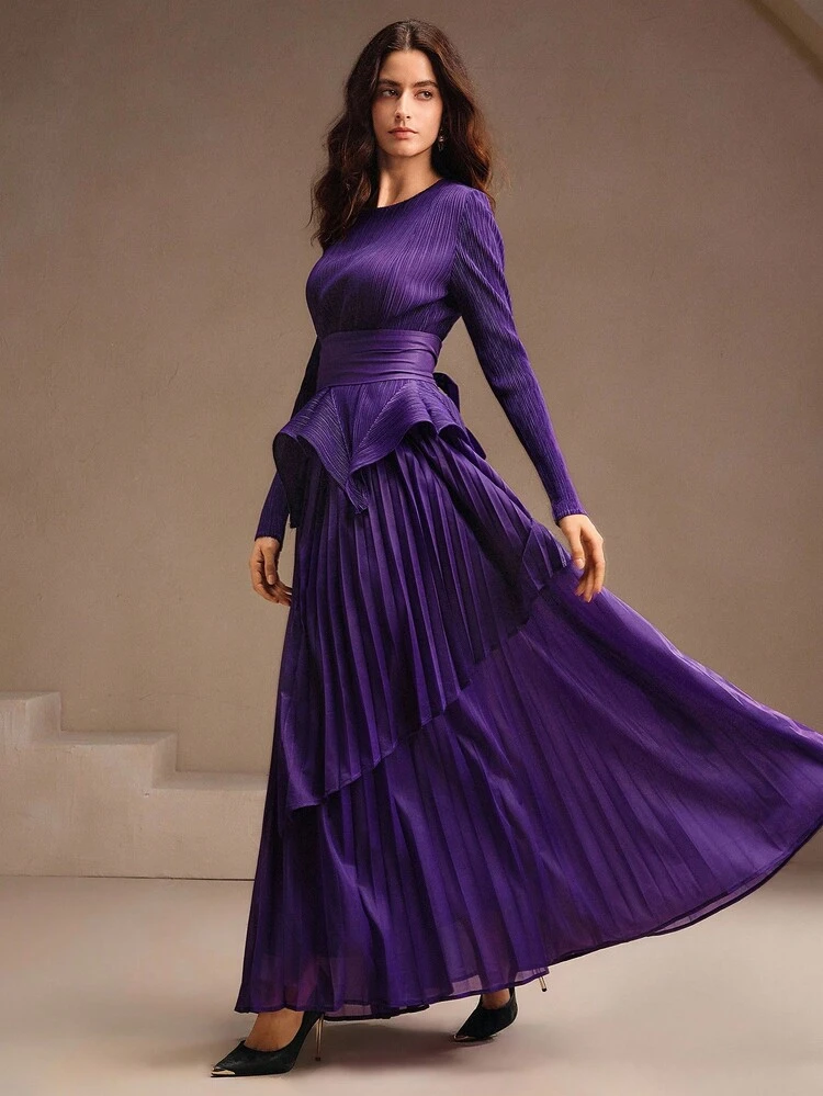 Women's Autumn Round Neck Pleated Waist Long Sleeve Top + Asymmetrical Three-Layer Skirt, Elegant, Chic, Suitable For Party, Christmas, New Year, Wedding