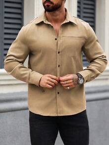 Manfinity Homme Cămașă bărbătească cu mânecă lungă, culoare uni, cu un singur nasture, stil casual/business, toamnă
