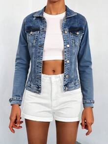 SHEIN Cottnline Flap Pocket Button Front Denim Jacket - Medium Wash - View 6
