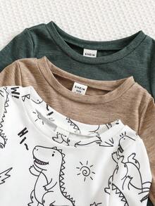 SHEIN 23 件/套婴儿/幼儿男孩/女孩纯色圆领长袖 T 恤，针织上衣，舒适，百搭，时尚休闲日常穿着，可爱恐龙图案，基本款式，适合室内、户外、滑雪、日常活动、运动、派对、摄影、度假、秋冬