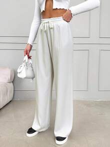 RueChic Einfarbige Lange Damenhose Mit Kordelzug In Der Taille - Weiss - Übersicht 5