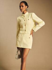 Poéselle 女士优雅通勤纯色夹克和裙子套装 - 黃色 - 查看 5