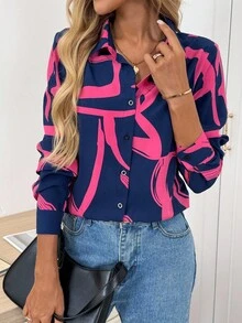 SHEIN LUNE Camisa de manga larga con botones y estampado geométrico casual para mujer, blusa de manga larga con estampado abstracto lindo para otoño/invierno, blusas de manga larga para mujer, blusas de manga larga estampadas, ropa de otoño para mujer, ropa de invierno para mujer, blusas de manga larga para salir - Multicolor - Ver 1