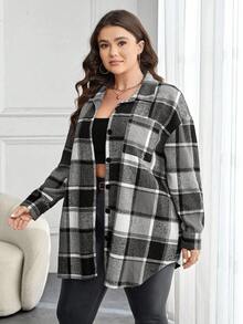 SHEIN Essnce Plus Size Women Plaid Drop Shoulder Long Sleeve Pocket Casual Shirt, Autumn Fall - Grey - View 5