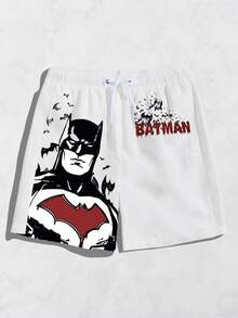 Batman X Manfinity Surfspeed Men's Casual Figure & Letter Graphic Drawstring Waist Beach Shorts, Summer