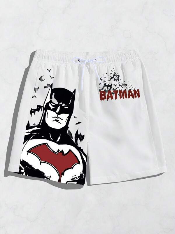 Batman X Manfinity Surfspeed Men's Casual Figure & Letter Graphic Drawstring Waist Beach Shorts, Summer