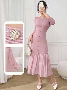 Modelyn Damen elegantes Patchwork-Meerjungfrau-Saum figurbetontes Pulloverkleid, Herbst - Korallenrosa - Übersicht 1