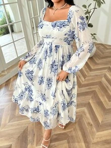 Soleia Plus Size Women Vintage Blue & White Floral Print Long Sleeve Elastic Waist Maxi Dress, Vacation - Blue and White - View 3