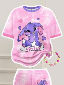 SHEIN Cute Cartoon Blue Rabbit Lulu, Stitch Pattern, Fresh Pink Tie-Dye, Contrast Trim, Young Girl Casual Cartoon Pattern Round Neck Short Sleeve Top And Flare Pants 2-Piece Set, Suitable For Summer - Multicolor - View 3