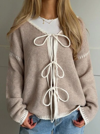 CovetEZ Avslappnad lös långärmad stickad tröja för kvinnor, lämplig för vardagsbruk