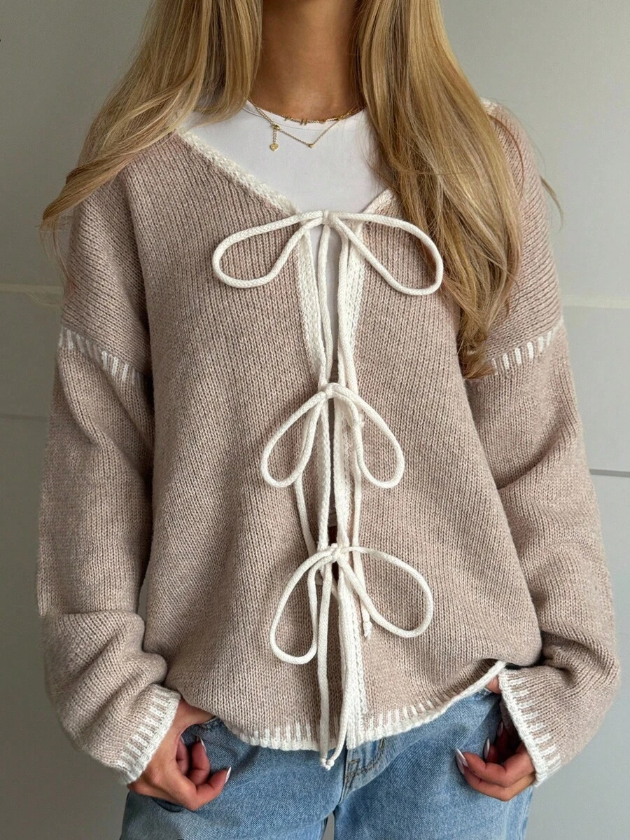 CovetEZ 女士休闲宽松长袖前系带针织毛衣上衣，适合日常穿着 - 卡其色 - 查看 1