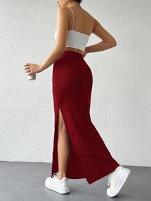 EURMUSE Falda tubo con detalle de abertura de unicolor para mujer - Burdeos - Ver 2