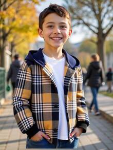 SHEIN 青少年男孩休闲宽松连帽夹克，适合通勤、上学、日常休闲装、运动、秋冬 - 黑色 - 查看 6