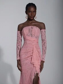 Elitara Elegant Luxurious Stretchy Lace Off Shoulder Strapless Dress With Detachable Sheer Ruffle Sleeves And Sexy Thigh-High Slit Fishtail Hem, Suitable For Weddings, Parties, Vacations, Galas, And Formal Events