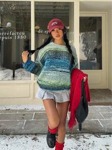 SHEIN EZwear Áo len xanh đơn giản thường ngày dành cho nữ, thời trang Thu/Đông - Màu xanh lam - Xem 4