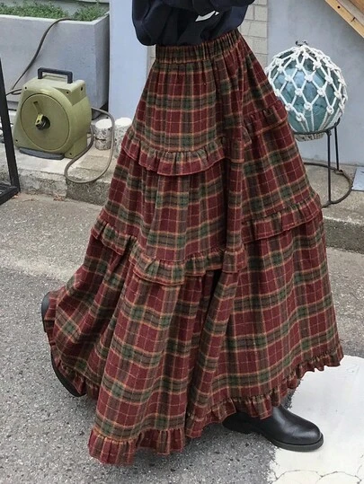 FRIFUL 女式红色格子面料松紧腰褶皱荷叶边下摆喇叭裙，休闲百搭女士长裙，秋季