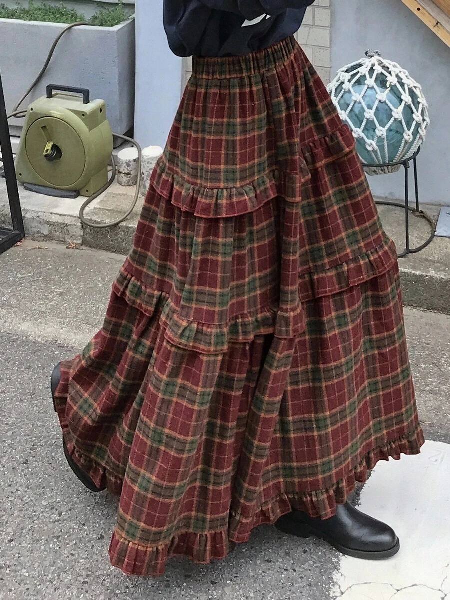 FRIFUL 女式红色格子面料松紧腰褶皱荷叶边下摆喇叭裙，休闲百搭女士长裙，秋季 - 酒紅色 - 查看 1