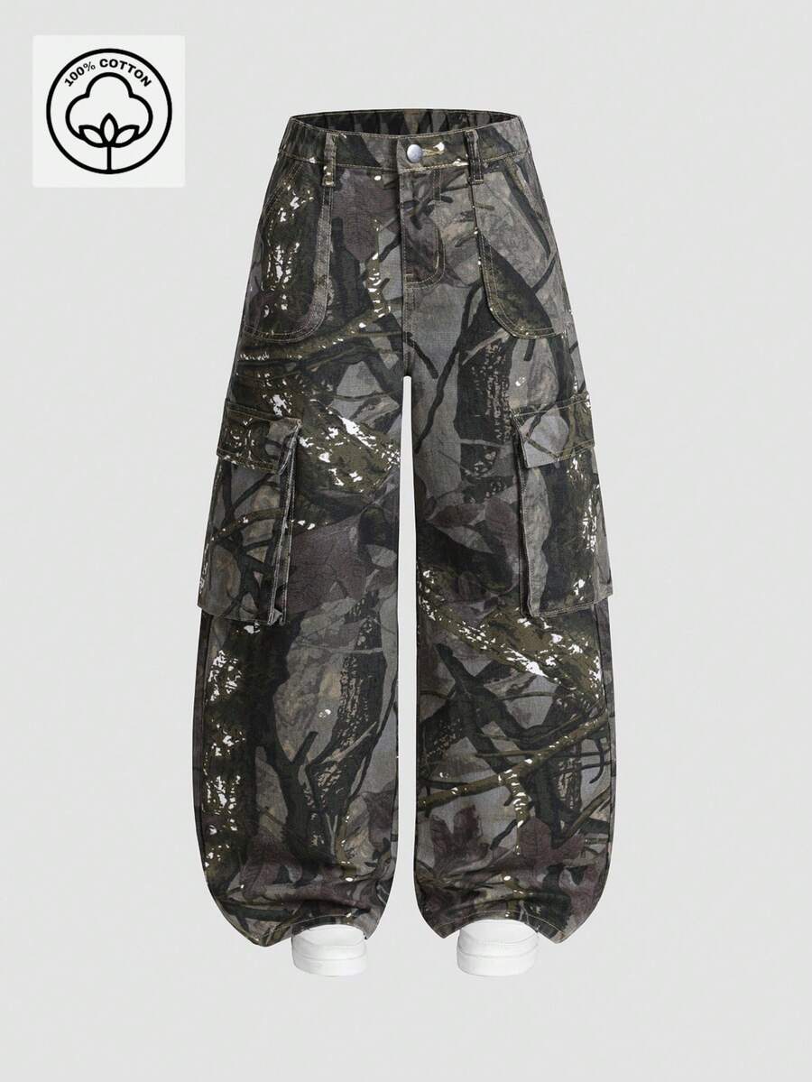 SHEIN Explorewe 男童新款欧美时尚迷彩多口袋宽松直筒牛仔裤，高街嘻哈工装裤，秋冬款 - 彩色 - 查看 1