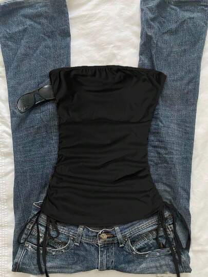 Attitoon Women's Casual Drawstring Tie-Front Cropped Tube Top,Vintage,Suitable For Y2k,90S