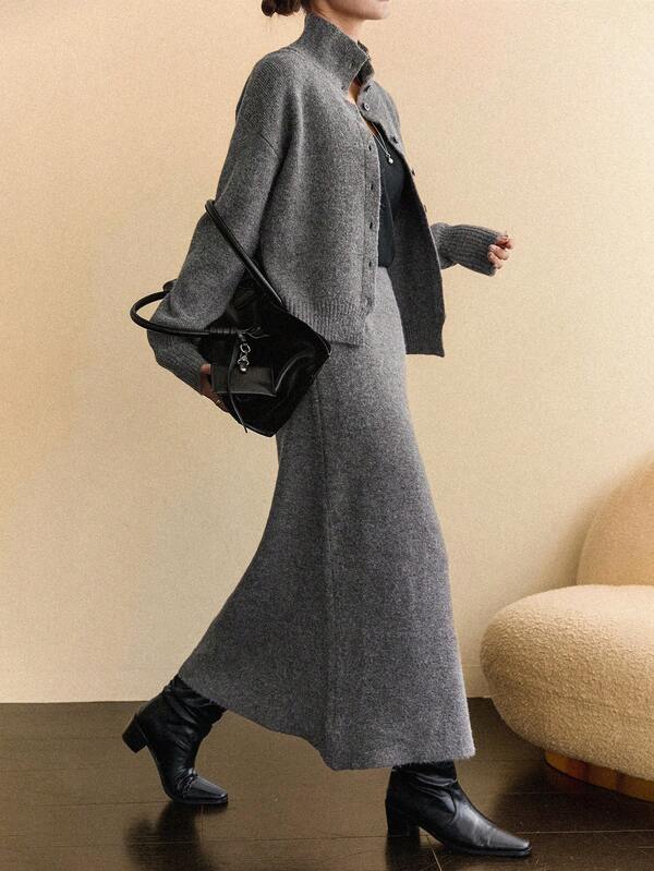 DAZY 2pcs/Set Women Loose Casual Gray Sweater, Autumn/Winter