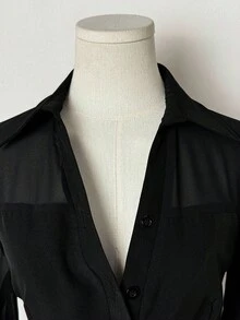 SHEIN Unity 女士纯色网眼拼布单排扣休闲衬衫 - 黑色 - 查看 4