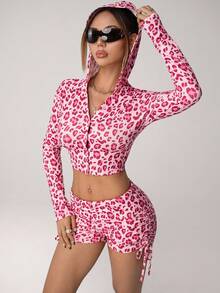 SHEIN ICON 2pcs/Set Women Fall/Winter Heart & Leopard Print Hoodie Top And Drawstring Waist Shorts - Pink - View 4