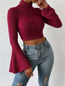 EURMUSE Women's Turtleneck Flare Sleeve Cable Pattern Cropped Fitted Sweater, Autumn/Winter - Burgundy - View 4