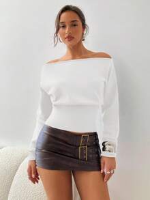 Aloruh Women's Autumn/Winter Exposed Shoulder Off Shoulder Ribbed Tight Fit Brown Sweater,Fall - White - View 3