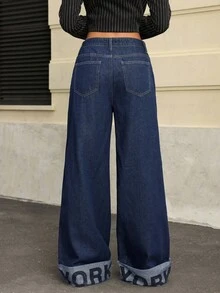 Jeanoix 女士时尚 Y2K 新年字母休闲牛仔裤 - 深色水洗藍 - 查看 3