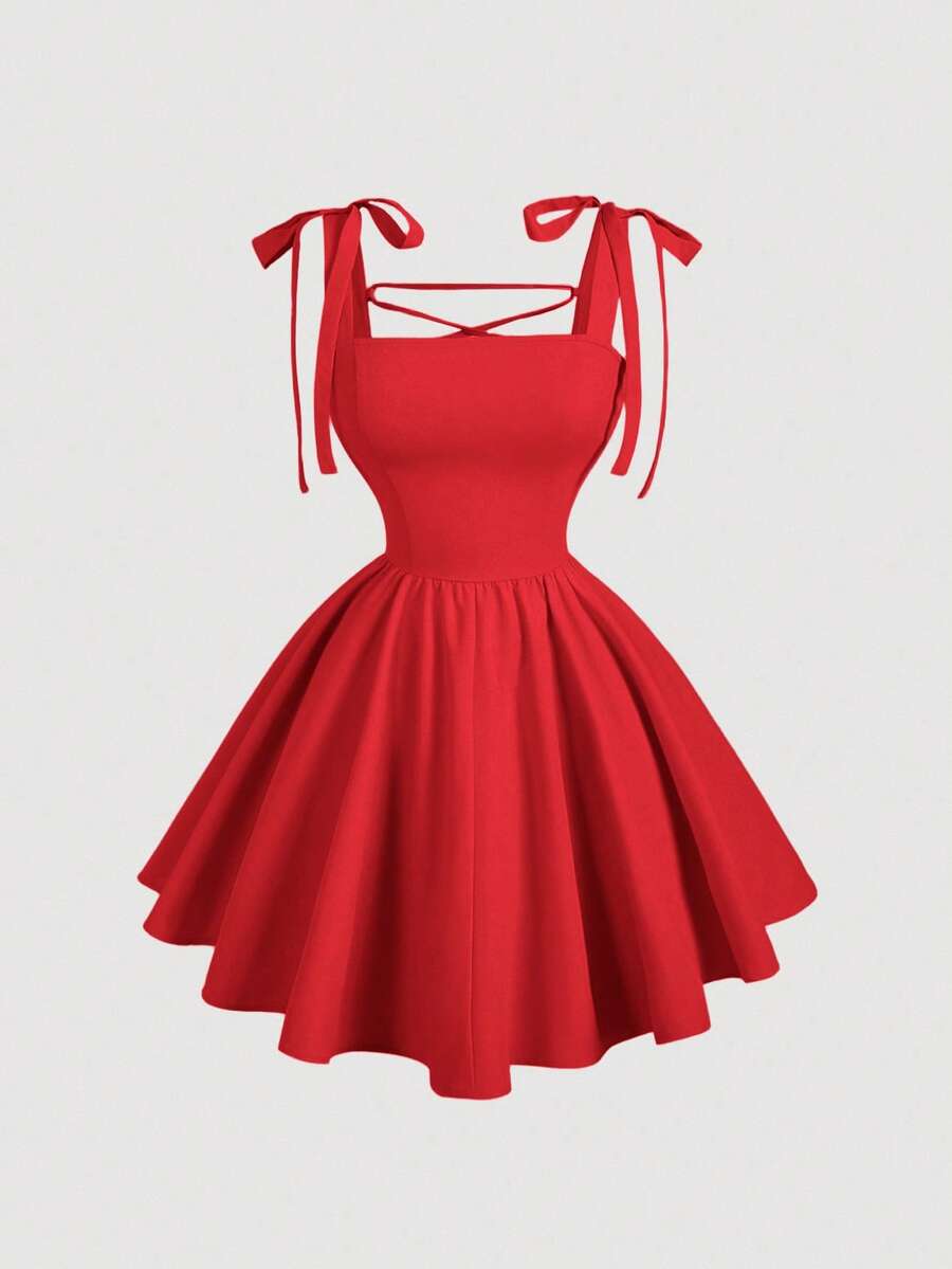 SHEIN MOD 红色浪漫露背蝴蝶结连衣裙，适合约会、派对、节日、茶会、生日场合 - 紅色 - 查看 1