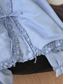 SHEIN Frenchy Women's Casual Solid Color Frill Trim Tie Front Shirt,Fall Clothes For Women ,Elegant Blouse For Party ,Wedding Guest Blouses For Women,Party Blouses ,Going Out Blouses ,Blouses For Civil Wedding ,Elegant Blouses For Women, Chic Blouses Winter Spring - Multicolor - View 4